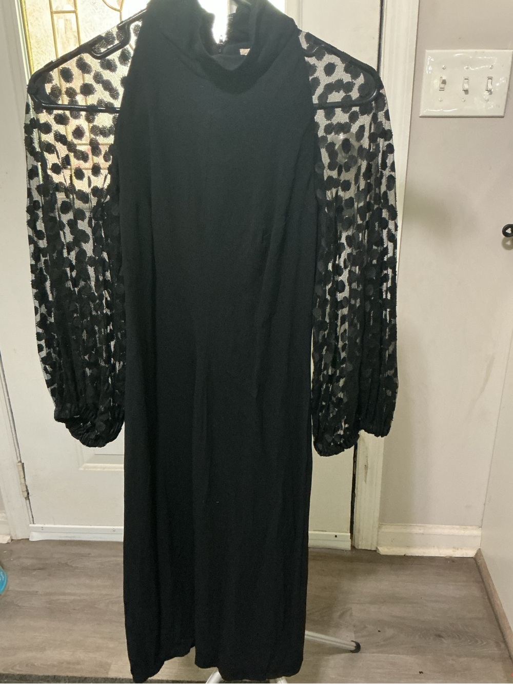Black Long Sleeve Midi Dress with Sheer Leopard Sleeves